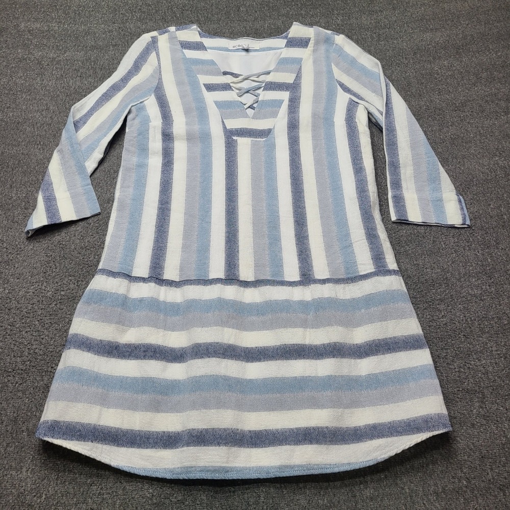 BCBGMAXAZRIA Striped Lace Up V Neck Dress Women's Size Small Blue‎ White Casual